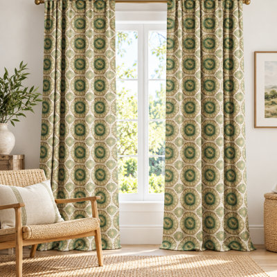 Cactus Forest Green Damask Medallion Curtains