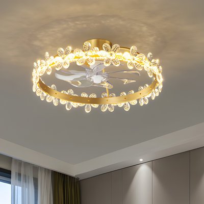 20" Modern Flush Mount Crystal Ceiling Fan with LED Light and Remote 6-speed DC Motor Low Profile Fan for Bedroom 