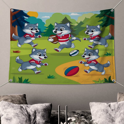 Dessin de loups jouant à la tapisserie murale - Rugby Wall Decor