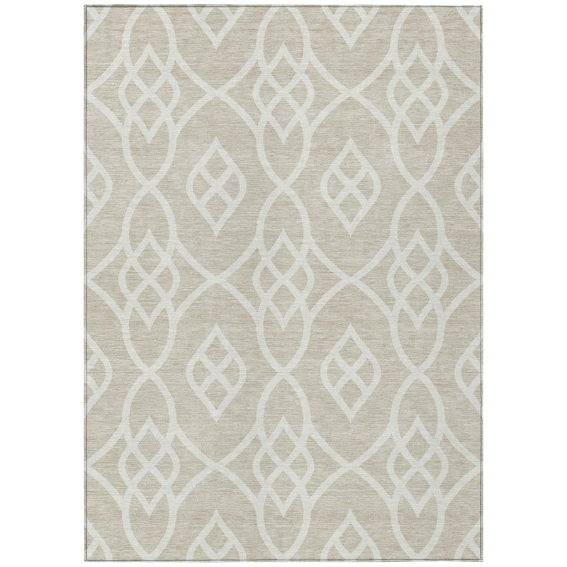 3' X 5' Beige And Ivory Trellis Washable Indoor Outdoor Area Rug