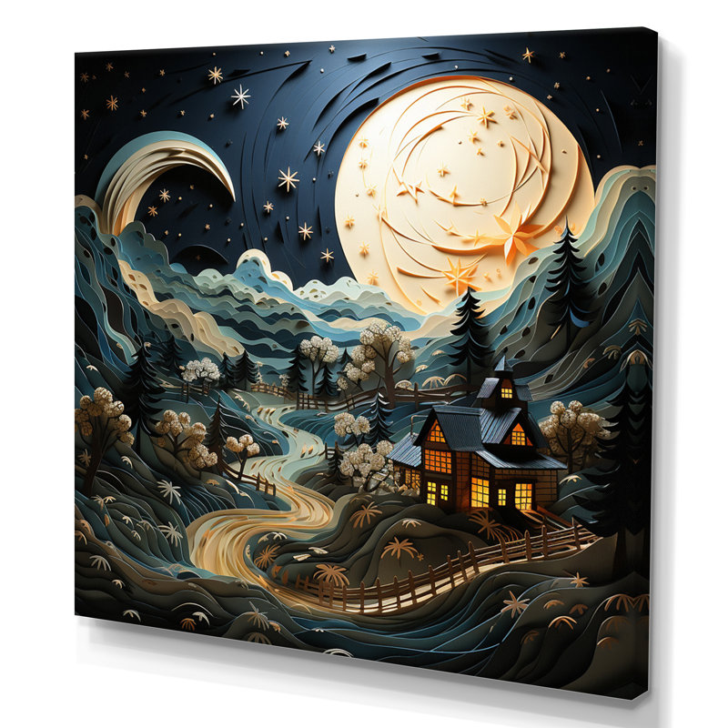 Paysage avec grange au clair de lune - impression, H 16 po x l 16 po x P 1 po, Toile tendue