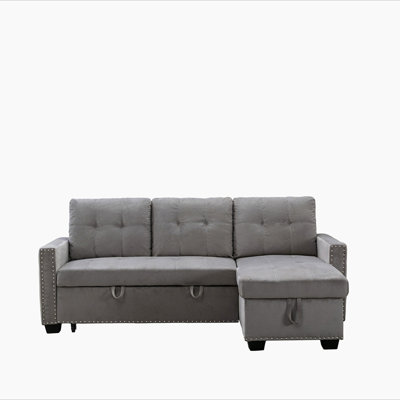 77 Inch Reversible Sectional Storage Sleeper Sofa Bed,L-Shape 2 Seat Sectional Chaise With Storage,Skin-Feeling Velvet Fabric,Light Grey Color For Living Room Furniture