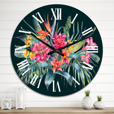 Horloge murale tropicale rouge et orange sur fond noir III