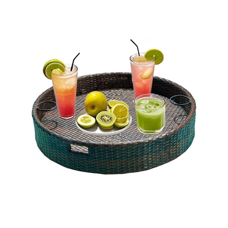 Hubhalsun Medium Size Floating Tray, 23.6" Wicker Floating Serving Tray with Hole Design, Poolside Drink & Food Holder for Swimming Pools, Spas, Backyard Parties, Brown