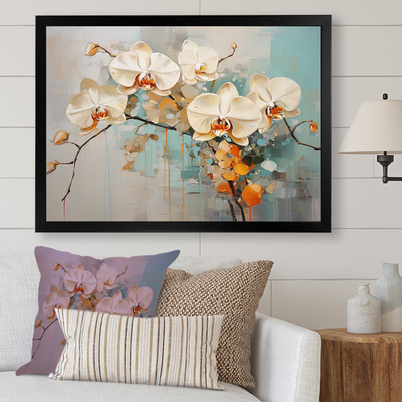 Orchidées beiges tranquillité sur toile, Cadre simple noir, H 30 po x l 40 po x P 1,5 po