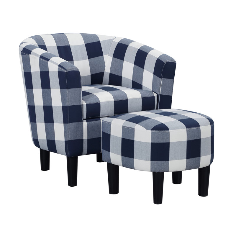 Anges Upholstered Barrel Chair with Ottoman, Blue Gingham Polyester