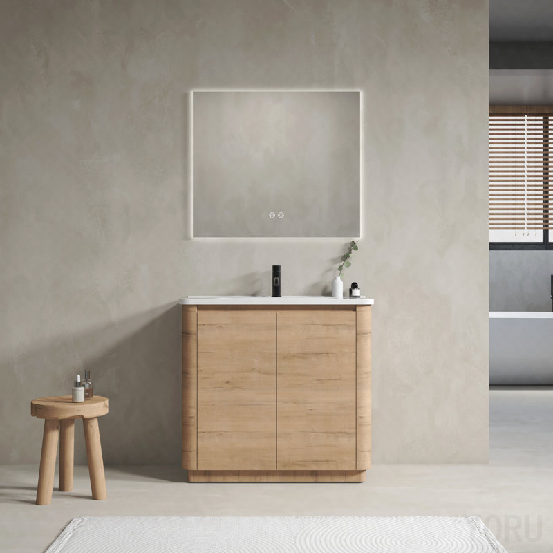 Meuble-lavabo autoportant 36 po avec lavabo en céramique blanche et porte à fermeture en douceur, emballage Kd, contreplaqué