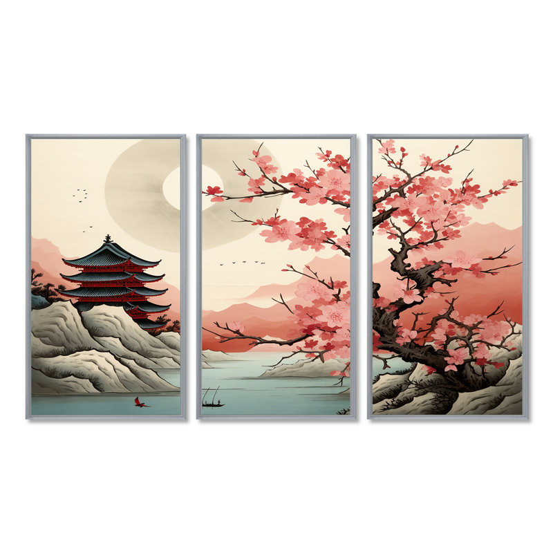 Pagode japonaise cerisier en fleurs, rivière, Japon, ensemble d'art mural paysage, Encadrement argenté