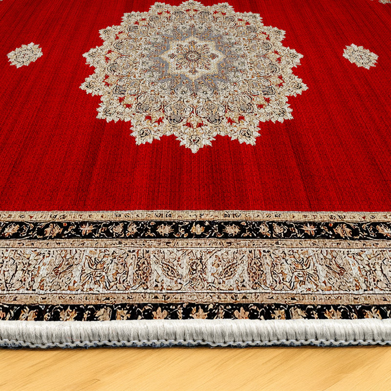 Sadie Collection Digital Print Cotton-Polyester Blend Rug – Red & Cream, Rectangle 5'3" x 7'3"