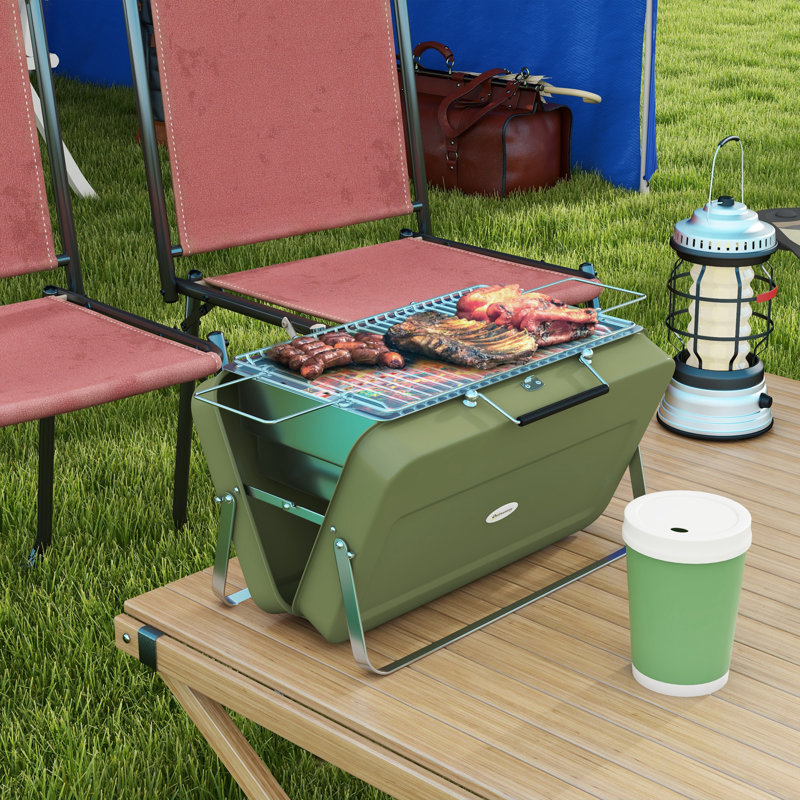 Mini barbecue portatif au charbon avec coquille de valise, vert, Vert