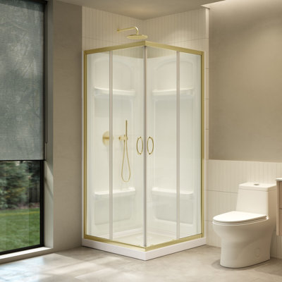 Ensemble de douche d'angle Breeze Square 91,4 cm L x 91,4 cm l x 192,3 cm H, fini or brossé, portes coulissantes transparentes, parois en acrylique et receveur.
