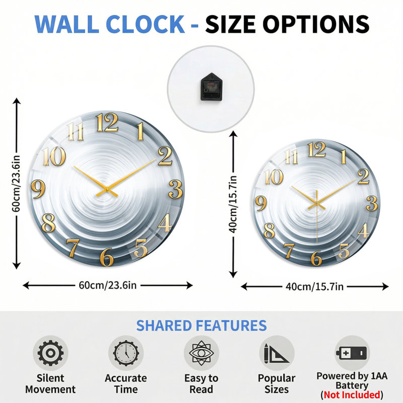 Horloge murale décorative moderne en verre métallique, 60 x 60 cm (23,6 x 23,6 pouces)