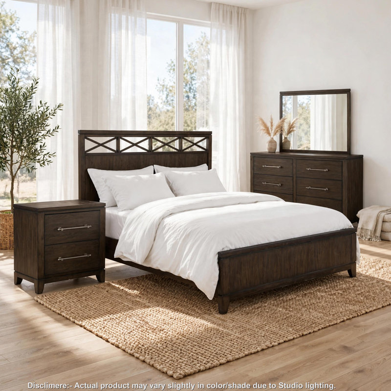 Ensemble de chambre à coucher grand lit quatre pièces Gia, X accents sur la tête de lit, bois brun foncé, style moderne 