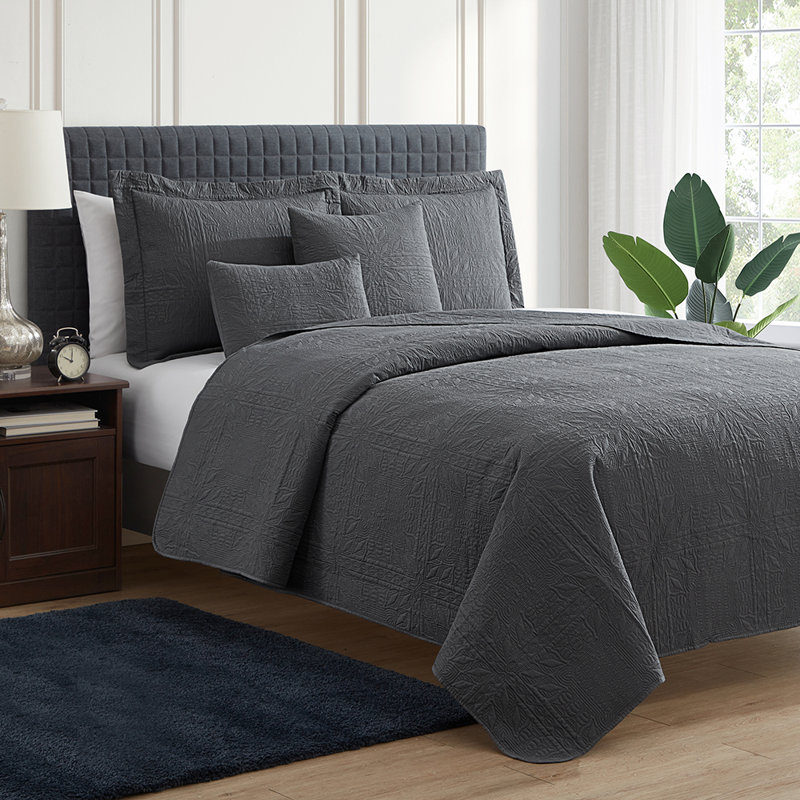 Ensemble de courtepointe réversible en microfibre Grid Weave, Courtepointe simple et 3 taies décoratives, Gris charbon