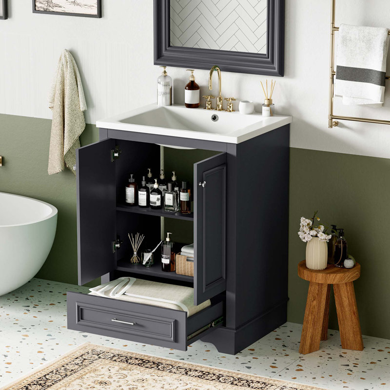 Meuble-lavabo pour salle de bain, Bleu gris, Argent argent