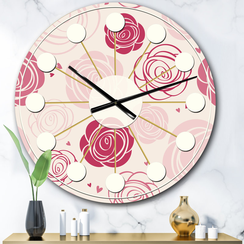 motif de roses - horloge murale moderne Mid-Century, Surdimensionné