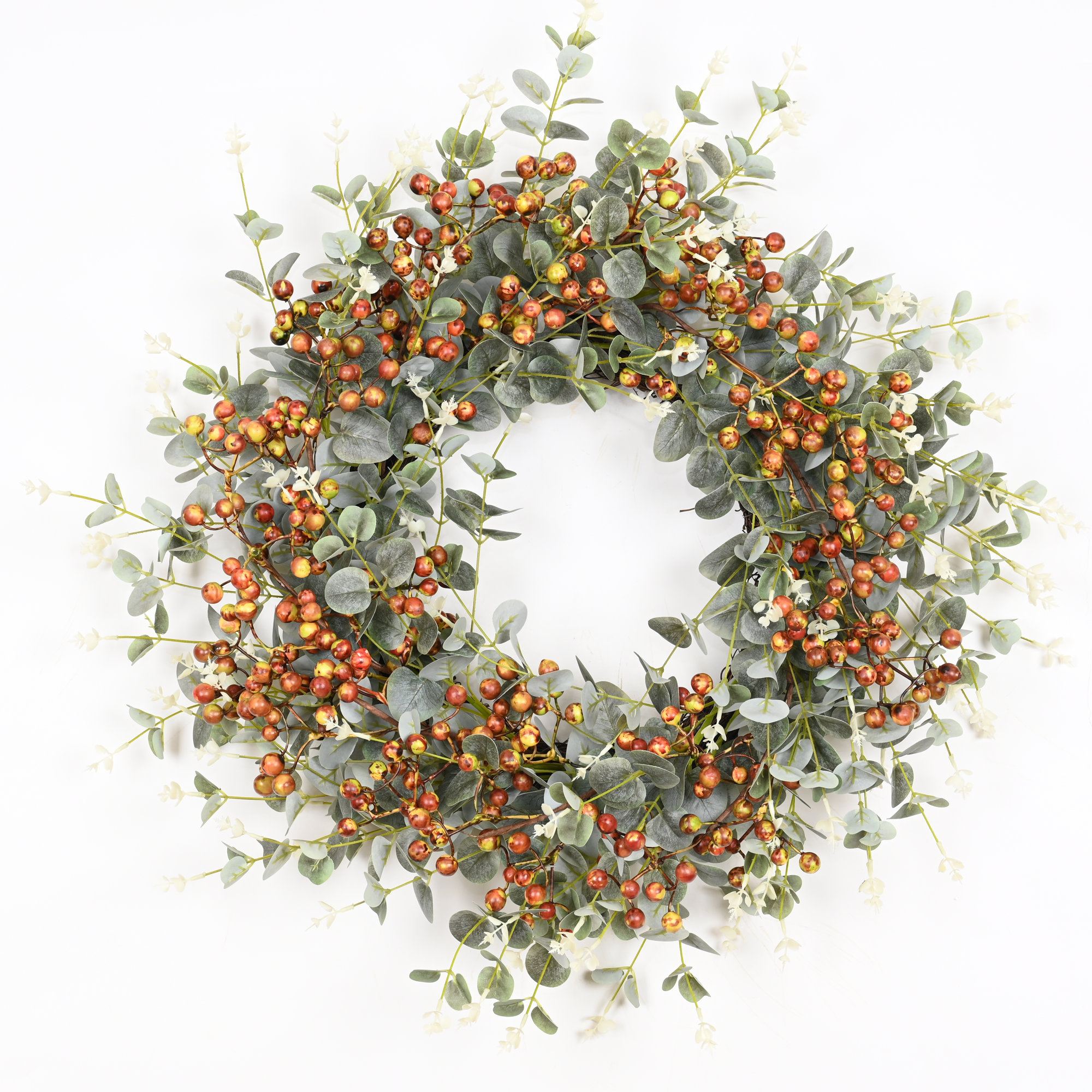 24" Artificial Farmhouse Fall Harvest Blossoms Cluster Greenery Eucalyptus Berry Thanksgiving Day Front Door Wreath, Green