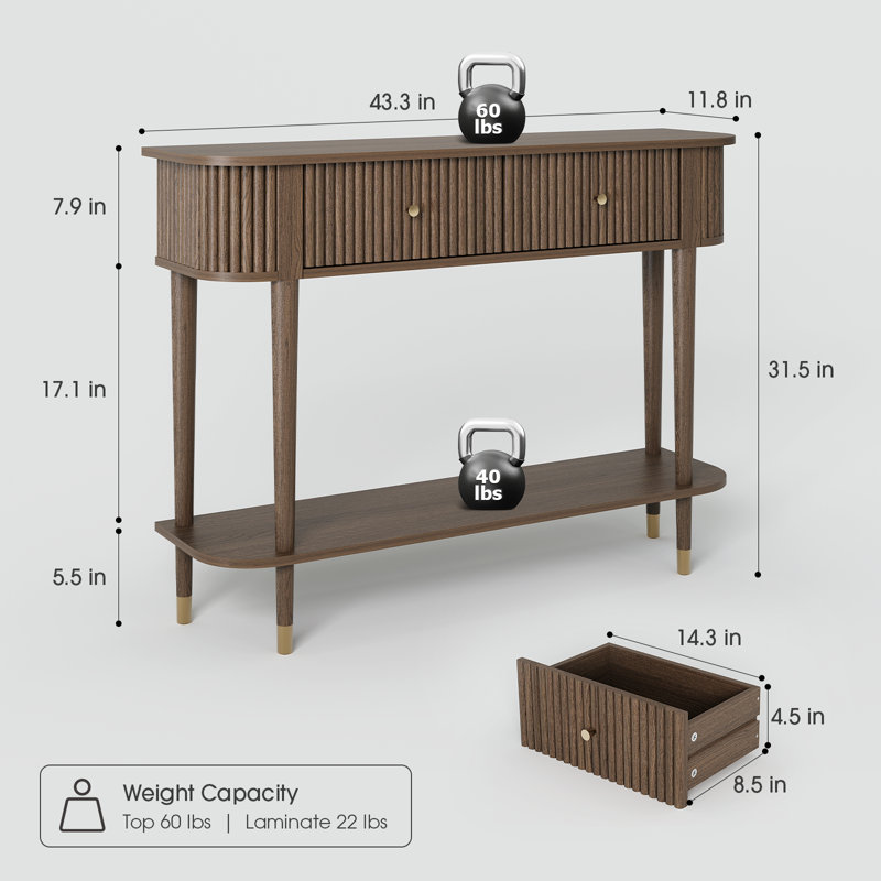 43" Entryway Table With Drawers, Fluted Console Table With Storage Shelf, Narrow Sofa Table For Living Room, Hallway, Foyer, Walnut