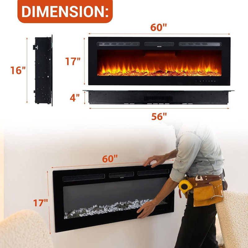 60" Wall Mount Electric Fireplace – Ultra Thin Recessed Heater with Remote, 12 Flame Colors & 5 Brightness Levels, 120V/1500W, Modern Design for Bedroom & Living Room