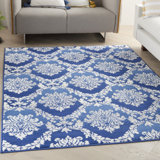 6 X 9 Blue And Ivory Damask Area Rug