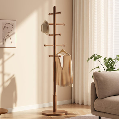 Solid Wood Coat Rack Freestanding With 10 Hooks, Coat Tree Freestanding 3 Adjustable Heights For Coat, Hats, Handbags, Coat Stand For Entryway,Bedroom,Office, Walnut