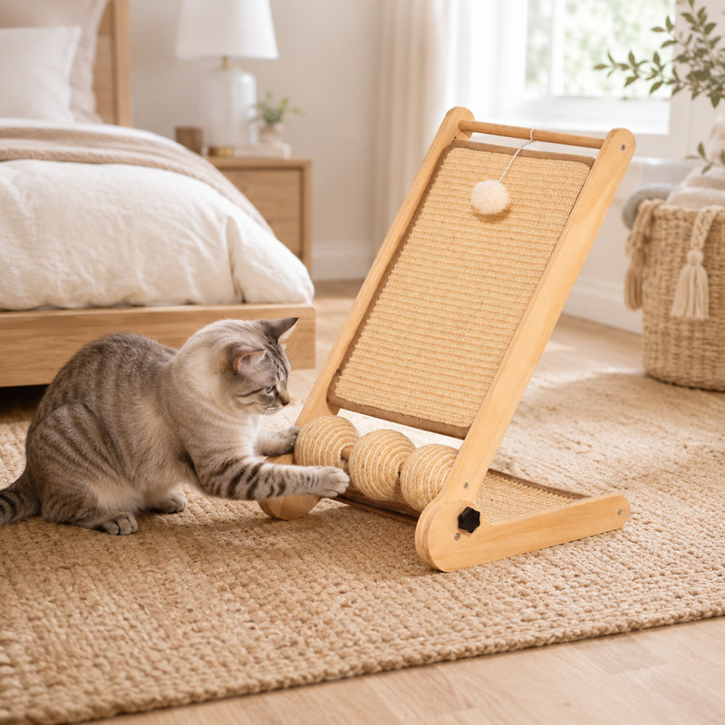 L-Shaped Sisal Cat Scratching Board with Interactive Rolling Balls and Wooden Frame