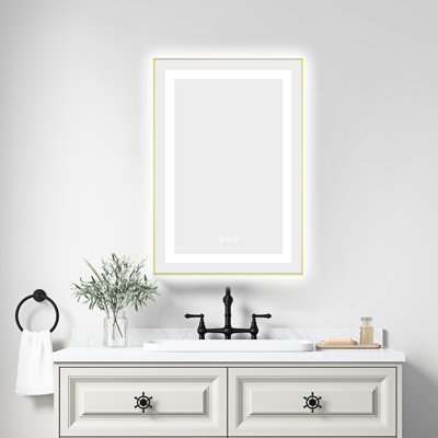Wall Mounted 20" X 30" Led Bathroom Mirror With Front And Backlight, Fog, 3 Colour Lighting, Stepless Brightness Adjustment, Aluminum Frame, Glass, Brushed Gold Design Vanity Memory, ,