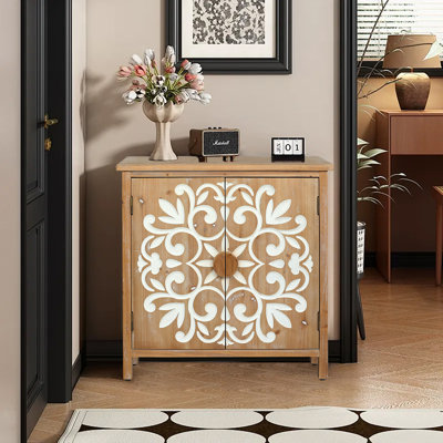 Rustic Wooden Accent Cabinet With Floral Carved Doors For Living Room Entryway Or Dining Room Storage