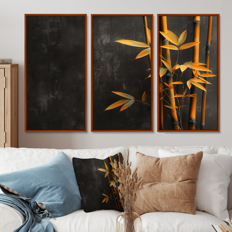Ensemble de salon jaune et noir avec charme rustique en bambou, Cadre flottant brun, H 32 po x l 48 po