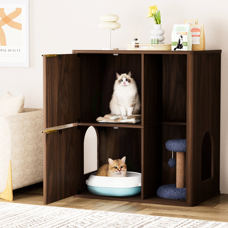 Litière en noyer pour chat avec porte à deux battants de 31,5 po de profondeur. Il dissimule la boîte d'une manière élégante et fonctionnelle, offre deux points d'entrée pour les chats et possède une tablette de rangement intégrée. Fabrication en bois long