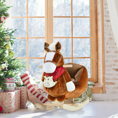 Qaba Kids Ride-On Rocking Horse Toy, Rocker With Lullaby Song, Hand Puppets & Soft Plush Fabric For Children 18-36 Months