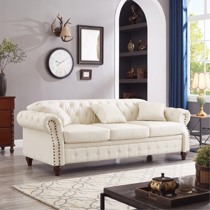 Canapé rembourré 85,8 po Chesterfield, Ivoire ivoire