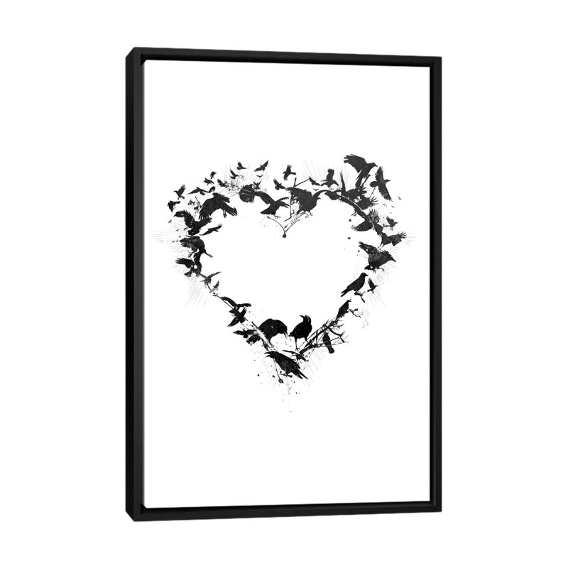 « oiseau cœur », impression sur toile tendue, H 26 po x l 18 po x P 1,5 po, Toile avec cadre noir, Pas de tapis