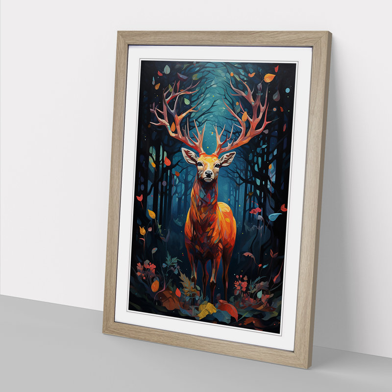 XYZ-FRM-V1223-515 Deer Orphism No.2 1 Piece Single Picture Frame Wall Art, 64cm H x 46cm W x 2cm D, Oak