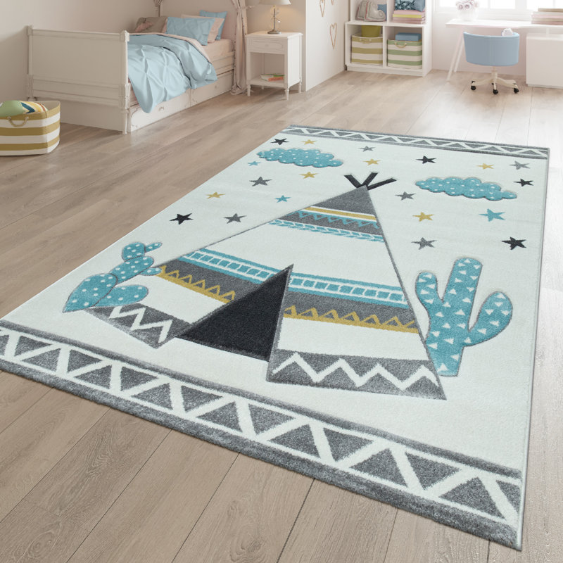 Tapis bleu / gris Petterson, Rond 3 pi 11 po
