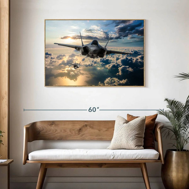 F35 Fighter Jet, Floating Frame Natural Wood, 43" X 29"