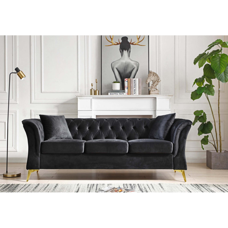 Canapé Chesterfield 83,9 po à accoudoirs évasés, Velours noir