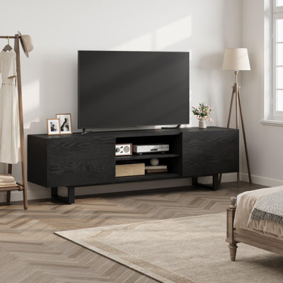 Meuble télé industriel pour téléviseur de 65 à 80 pouces - Meuble audio-vidéo moderne en bois avec 2 tiroirs de rangement, tablettes ouvertes, pieds en métal robustes - Console média pour le salon ou la chambre à coucher - Noir