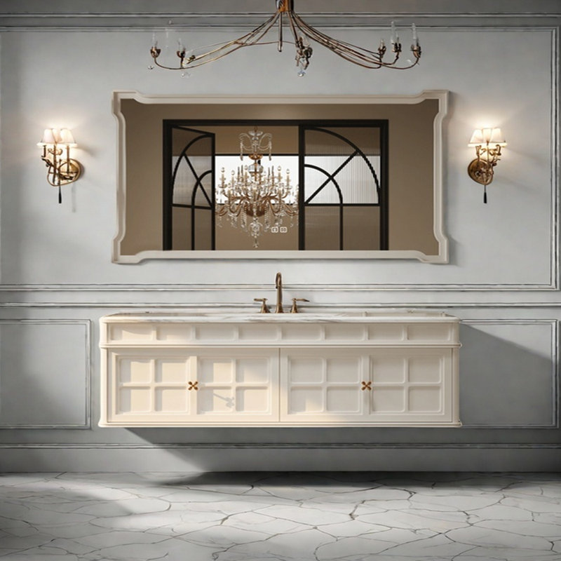 Armoire de salle de bain rétro française, H 19,6 po x l 66,9 po x P 21,6 po
