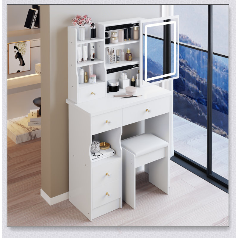 Table de coiffeuse compacte 29,2 pouces avec miroir à DEL, rangement de grande capacité et tabouret rembourré pour les petits espaces