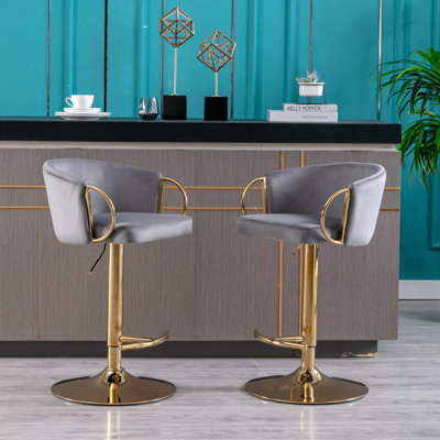 Ensemble de 2 tabourets de bar en velours à hauteur réglable avec repose-pieds chromé et pieds dorés pour la cuisine et le bar modernes