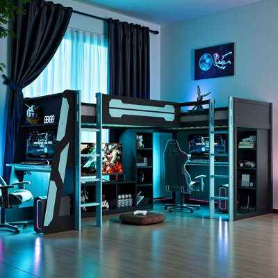 Lit mezzanine simple en forme de L, station de jeu E-Sports, deux bureaux, meuble télé, moderne audacieux et éclectique, salle de jeu commune