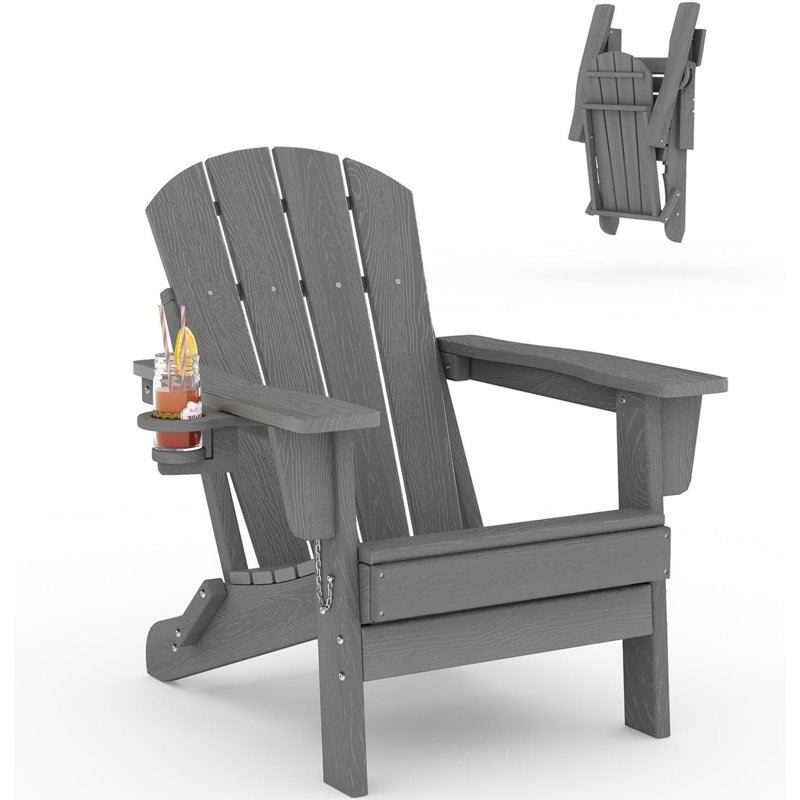 Folding Adirondack Chair with Cup Holder - All-Weather HDPE Outdoor Patio Chair, Wooden Textured Look & Foldable Design for Fire Pit, Deck, Garden, and Porch
