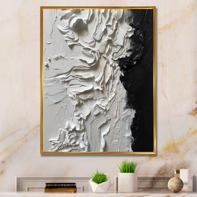 White And Black Tranquillity Unleashed I - Abstract Marble Wall Art Prints, 32" H x 24" W x 1" D, Gold Floater Framed