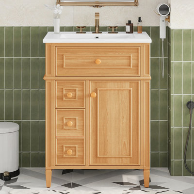 Bathroom Vanity with Sink, Wood Cabinet, Flip-Out Drawer, Soft-Close Drawers and Door, Solid Wood MDF, Elegant Handles