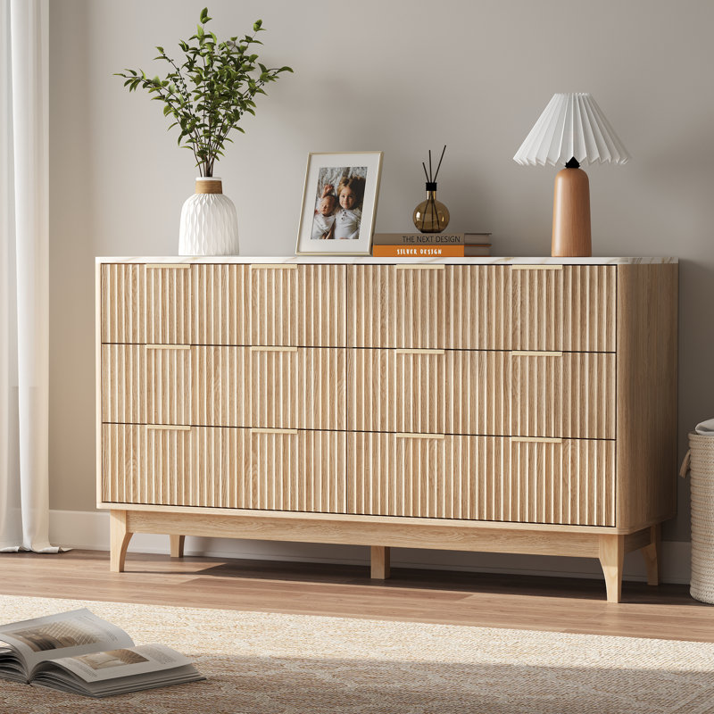 6 Drawer 54" W  Modern Fluted Dresser, Natural