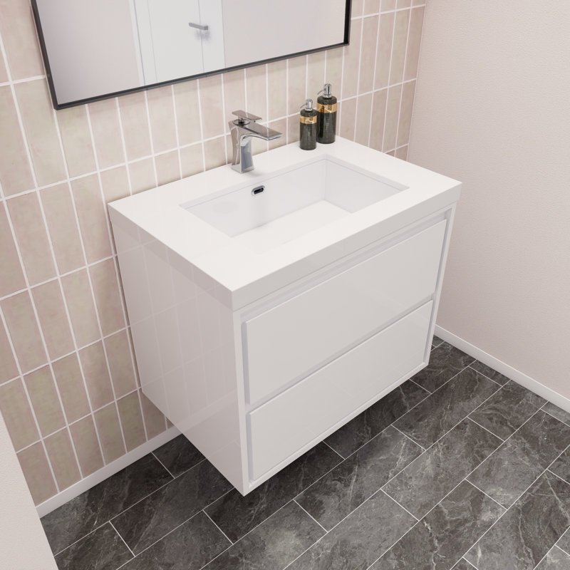 Azden 30" W Wall-Mounted Single Bathroom Vanity Set, High Gloss White