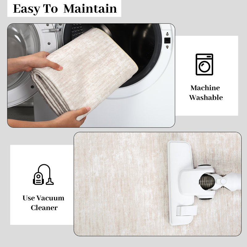 Washable Solid Color Textured Thin Indoor Rug, Low Pile Area Rug with Soft Surface, Non Slip Backing, Easy Clean Design for Living Room, Bedroom, Dorm, Home Office