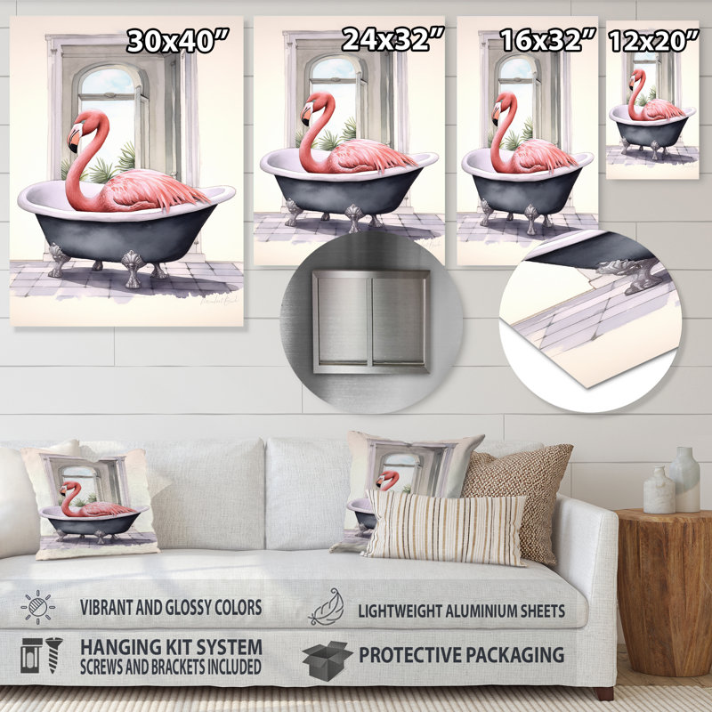 Flamant rose dans la baignoire - flamant rose, art mural, salon, Sans cadre, métal, H 32 po x l 24 po