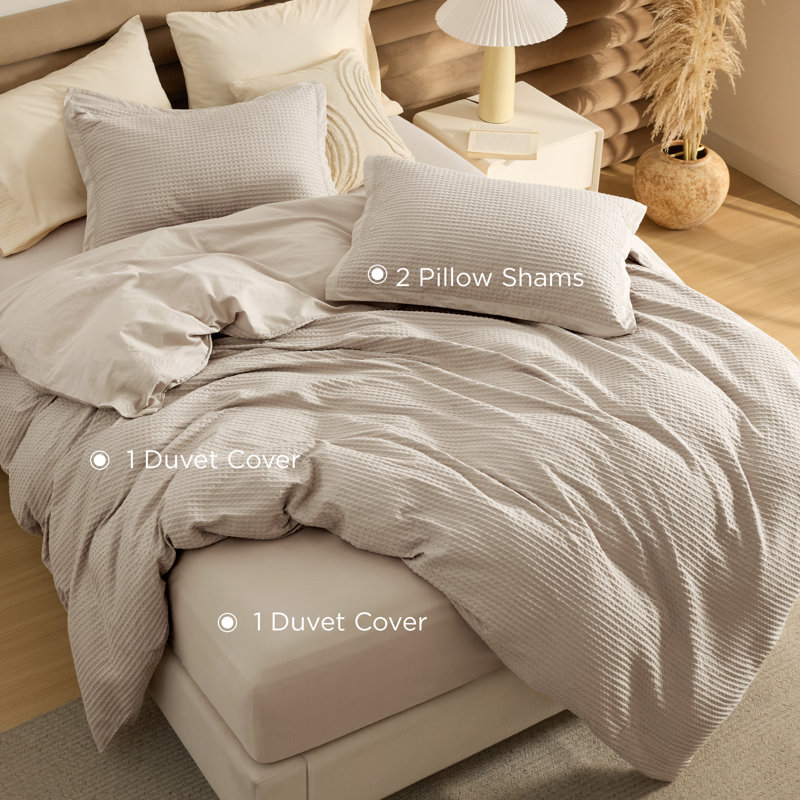  Bedsure 100% Cotton Duvet Cover Queen Size with Fitted Sheet - Waffle Weave Bedding Set （Set of 4）, Natural